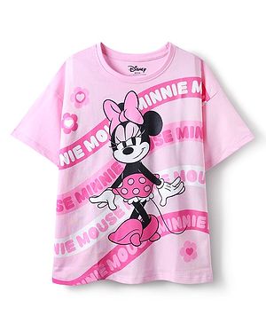 HoneyHap Disney Single Jersey Knit Drop Shoulder Half Sleeves Oversized T-Shirt With Minnie Mouse Graphics - Pink