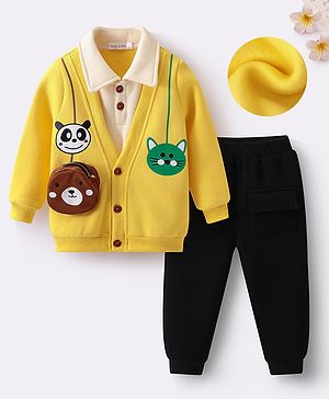 Mark & Mia Full Sleeves Twofer Style Winter Wear Suit Set with Animal Print & Pocket Applique - Yellow