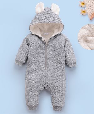 Mark & Mia Full Sleeves Winter Wear Hooded Romper With Cable Knit Design - Grey