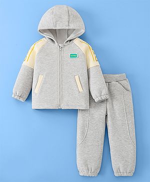 Mark & Mia Full Raglan Sleeves Hooded Winter Wear Sweatshirt & Lounge Pant Set with Text Print - Grey
