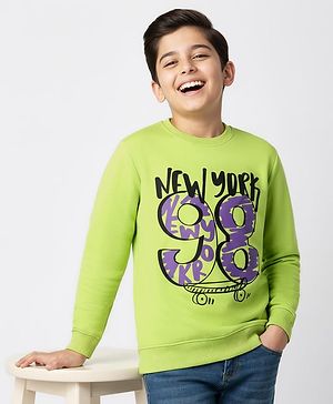 Pine Kids Cotton Knit Full Sleeves Sweatshirt With Text Print - Light Green