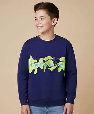 Pine Kids Knit Full Sleeves Sweatshirt With Creative Print - Navy Blue
