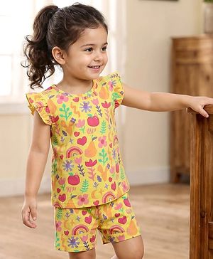 Babyhug Cotton Knit Frill Sleeves Shorts Night Suit With Floral Print - Yellow