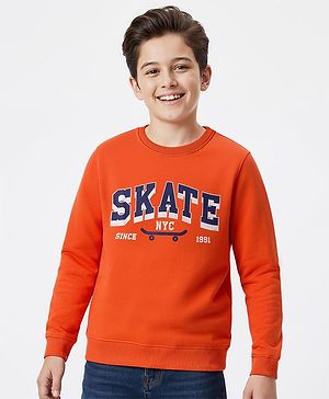 Pine Kids Knit Full Sleeves Sweatshirt With Skateboarding Print - Rust Orange