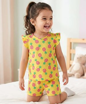Babyhug Cotton Knit Frill Sleeves Co-ords Shorts Night Suit With Pineapple Print - Yellow