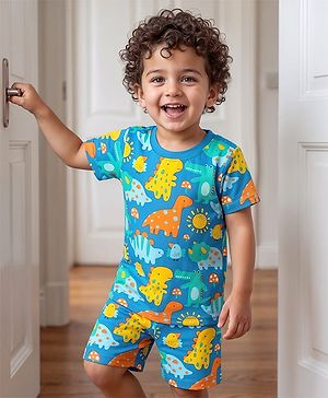 Babyhug Cotton Knit Half Sleeves Co-Ord Shorts Night Suit with Dino Print - Blue