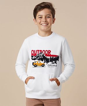 Pine Kids Knit Full Sleeves Pullover Sweatshirt with Travel Theme Print & Kangaroo Pocket - White
