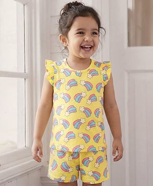 Babyhug Cotton Knit Frill Sleeves Co-ords Shorts Night Suit With Rainbow Print - Yellow