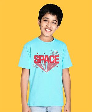 NUSYL Cotton Blend Half Sleeves Space Text Printed Tee - Sky Blue