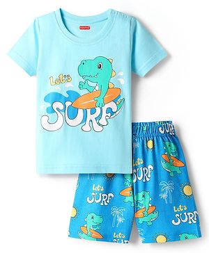 Babyhug Cotton Knit Half Sleeves Shorts Night Suit with Dino Print - Blue