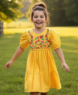 Pine Kids 100% Cotton Half Sleeves Floral Embroidered Frock - Yellow