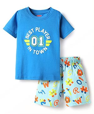 Babyhug Cotton Knit Half Sleeves Shorts Night Suit With Text Print - Blue