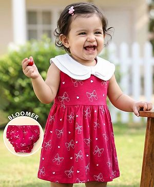 Babyhug Single Jersey Knit Sleeveless Bow Printed Fit & Flared Frock with Bloomer - Dark Pink