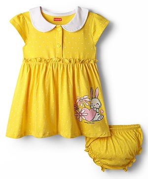 Babyhug Single Jersey Knit Half Sleeves Bunny Printed Frock With Bloomer - Yellow