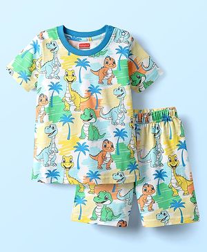 Babyhug Cotton Knit Half Sleeves Co-ords Shorts Night Suit With Animal Print - Multicolor