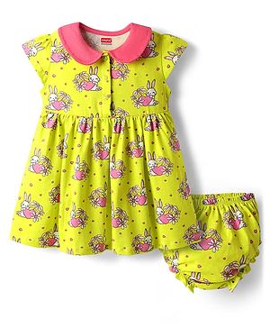 Babyhug Single Jersey Knit Cap Sleeves Peter Pan Frock & Bloomer With Bunny Print - Limegreen
