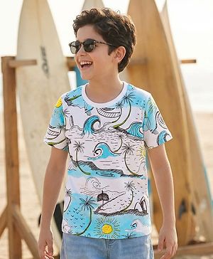 Pine Kids Cotton Knit Half Sleeves T-Shirt with Beach Theme Print - White