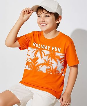 Pine Kids Cotton Knit Half Sleeves T-Shirt with Holiday Print - Orange