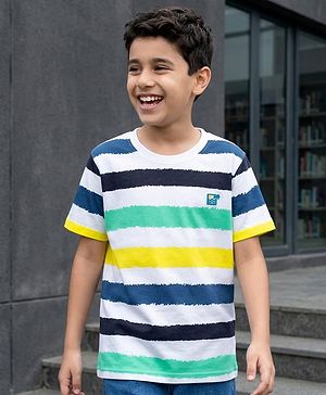 Pine Kids Cotton Knit Half Sleeves T-Shirt with Stripes - White