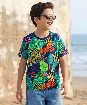 Pine Kids Cotton Knit Half Sleeves T-Shirt with Leaves Print - Navy Blue