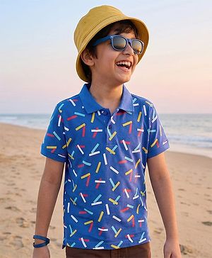 Pine Kids Cotton Knit Half Sleeves Polo T-Shirt with Confetti Print - Blue
