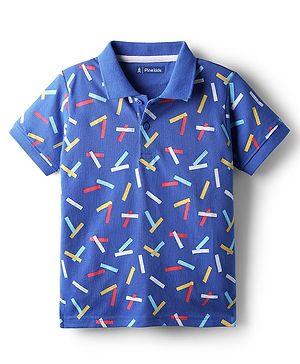 Pine Kids Cotton Knit Half Sleeves Polo T-Shirt with Confetti Print - Blue