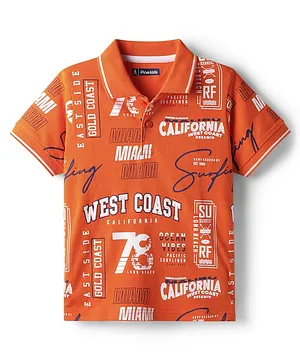 Pine Kids Cotton Knit Half Sleeves Polo T-Shirt with Beach Theme Print - Orange