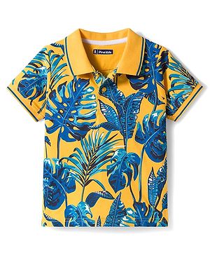 Pine Kids Cotton Knit Half Sleeves Polo T-Shirt with Beach Theme Print - Blue