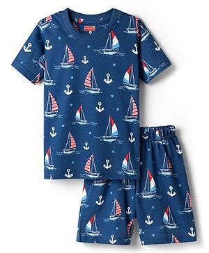Babyhug Cotton Knit Half Sleeves Co-ords Shorts Night Suit with Nautical Theme Print - Navy Blue