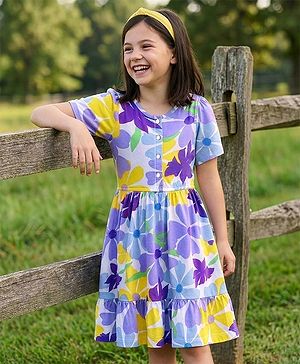 Pine Kids 100% Cotton Half Sleeves Floral Printed Tiered Frock - Purple