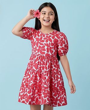 Pine Kids Cotton Knit Puffed Sleeves Frock with Floral Print - Dark Pink