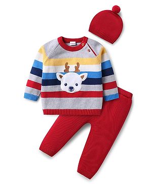 Babyhug Organic Cotton Knit Raglan Sleeves Sweater Set with Cap Reindeer Patch & Stripes - Grey & Red