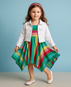 Babyhug Rayon Woven Full Sleeves Shrug With Handkerchief Hem Striped Frock -  Multicolour
