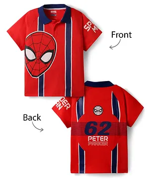 Pine Kids Marvel Single Jersey Knit Raglan Sleeves Polo T-Shirt with Front & Back Spider-Man Graphics - Red