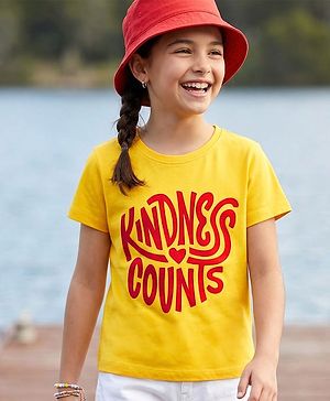 Pine Kids Cotton Knit Half Sleeves T-Shirt with Text Print - Yellow