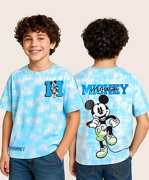 Pine Kids Disney Terry Knit Oversized Drop Shoulder Tie & Dye T-Shirts With Front & Back Mickey Mouse Graphics - Light Blue