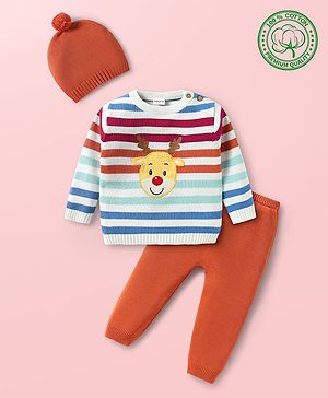Babyhug Knitted Full Sleeves Pullover Sweater Set With Cap & Reindeer Patch Detailing - Orange