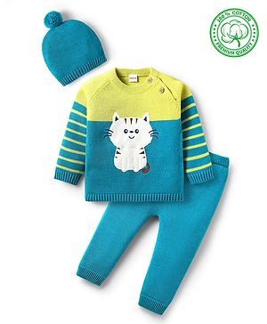 Babyhug Organic Cotton Knit Full Raglan Sleeves Sweater Set with Cap & Cat Patch Detailing - Teal Blue