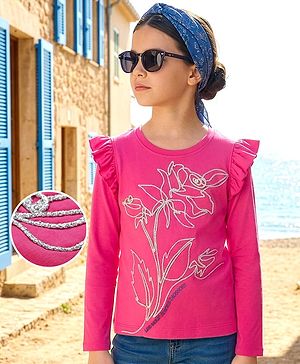 Pine Kids Cotton Knit Full Sleeves Top With Frill Detailing - Dark Pink