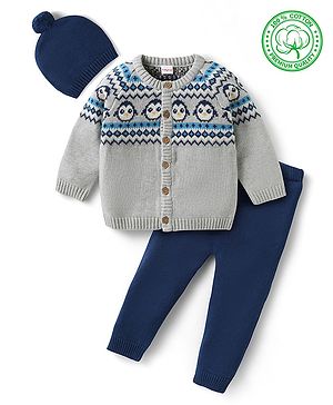 Babyhug Knit Full Sleeves Sweater Set with Cap & Penguin Design - Grey & Navy Blue Babyhug Knit Full Sleeves Sweater Set with Cap & Penguin Design - Grey & Navy Blue