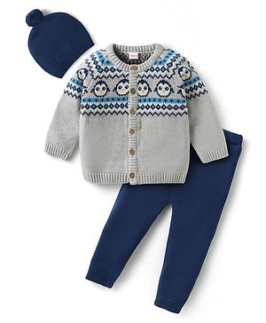 Babyhug Organic Cotton Knitted Full Sleeves Sweater Set with Cap & Penguin Design - Grey & Navy Blue