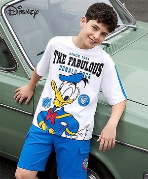 Pine Kids Disney Single Jersey Knit Half Sleeves Drop Shoulder T-Shirt & Shorts Set With Donald Duck Graphics - White & Blue