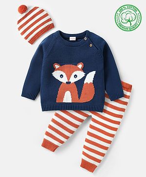 Babyhug Organic Cotton Knitted Full Raglan Sleeves Pullover Sweater Set with Cap Striped & Fox Design - Royal Blue & Orange