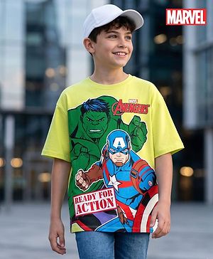 Pine Kids Marvel Terry Knit Half Drop Shoulder Sleeves T-Shirt with Avengers Graphics - Neon Green