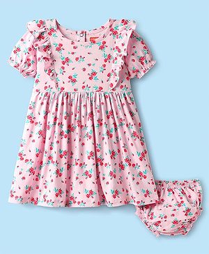 Babyhug Single Jersey Knit Half Sleeves Floral Printed Frock With Bloomers - Pink