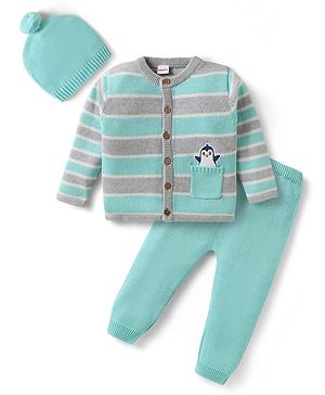 Babyhug Organic Cotton Knitted Full Sleeves Striped Sweater Set with Cap Penguin Design - Grey