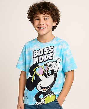 Pine Kids Disney Single Jersey Knit Half Drop Shoulder Sleeves Tie & Dye T-Shirt with Mickey Mouse Graphics - Aqua Blue