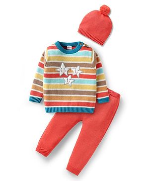 Babyhug Organic Cotton Knitted Full Sleeves Striped Sweater Set with Cap Star Design - Red