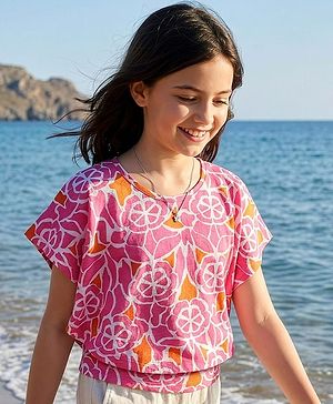 Pine Kids Cotton Knit half Sleeves Top with Floral Print - Pink