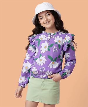Pine Kids Cotton Knit Full Sleeves Top With Frill Detailing & Floral Print - Lilac